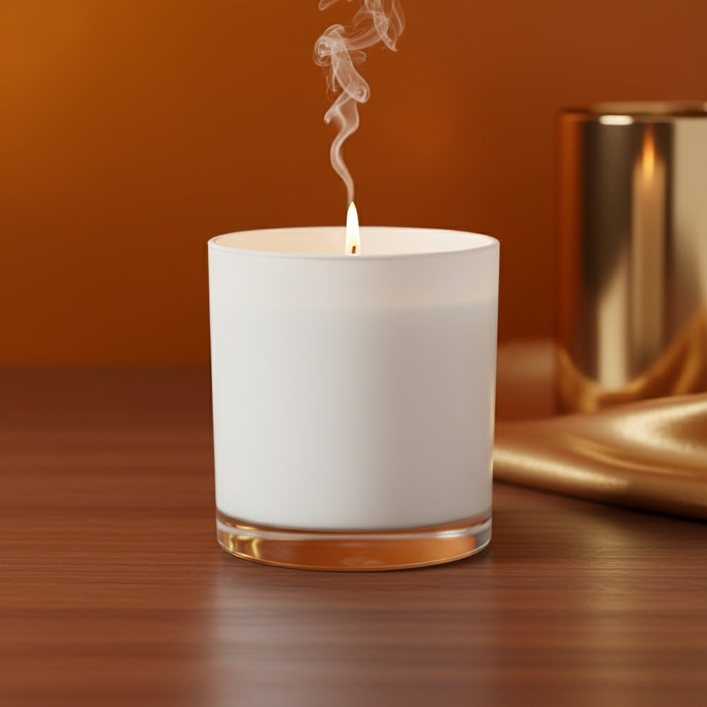 White candle with a small flame and smoke on a wooden surface with a warm background