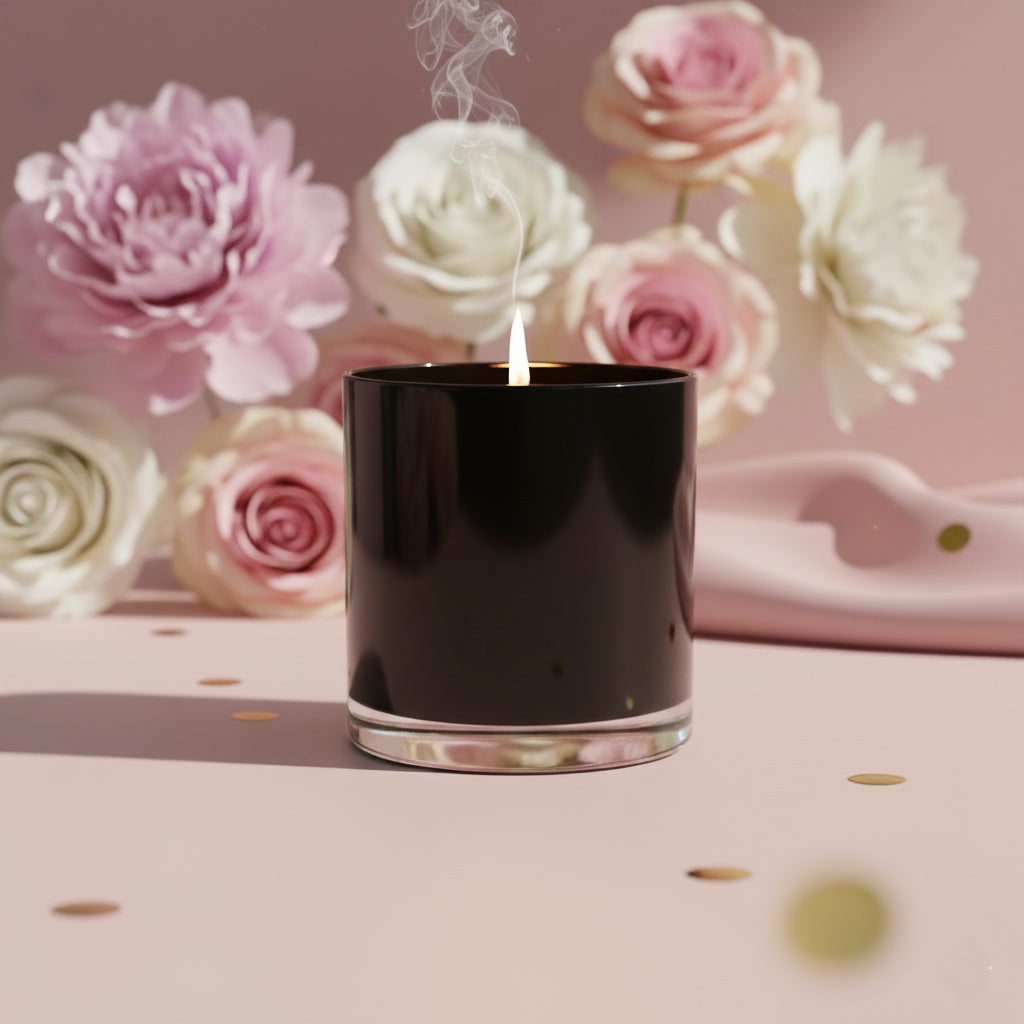 Black candle with a lit wick in front of pink and white flowers on a polka dot surface.