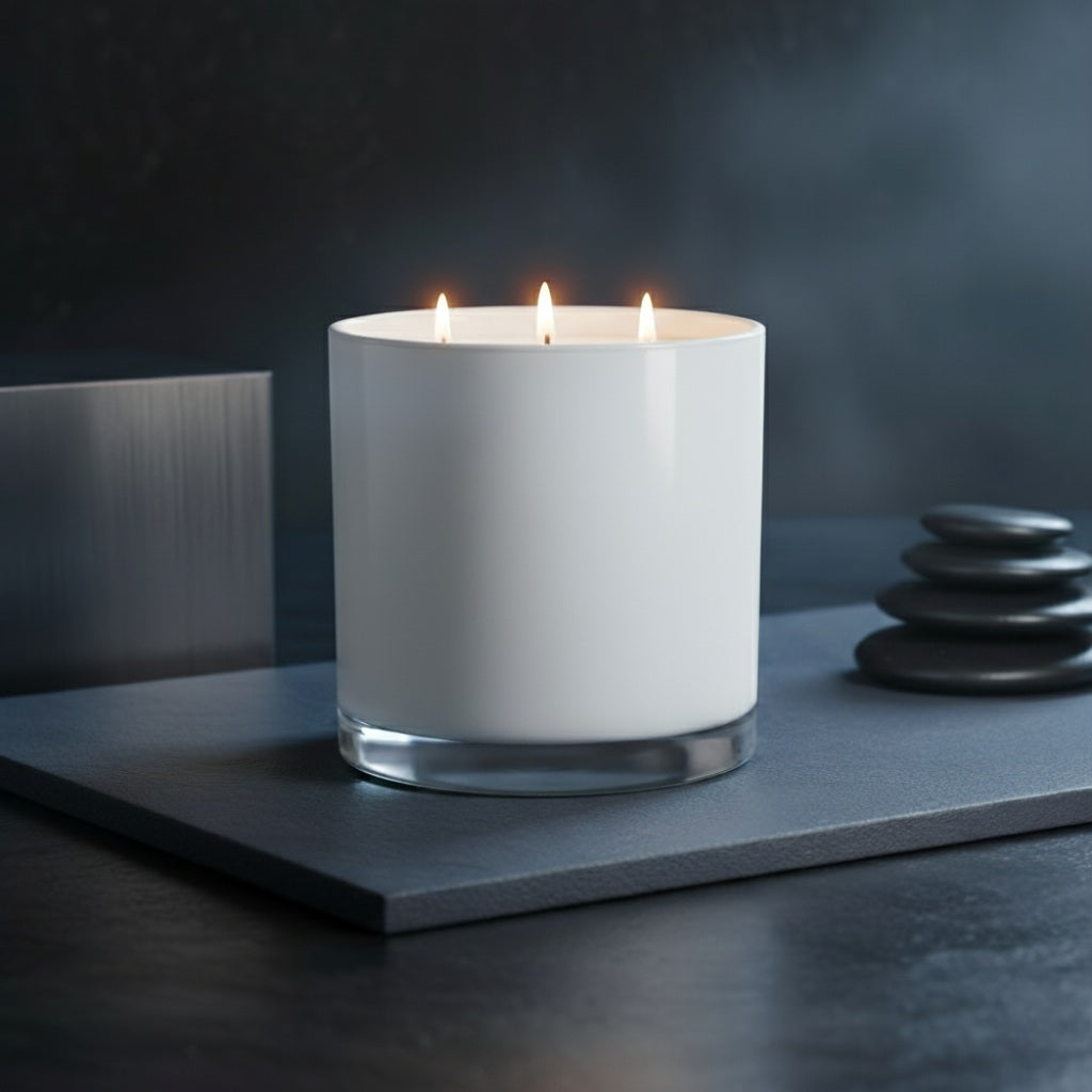 White candle in a glass container on a dark surface with stones in the background