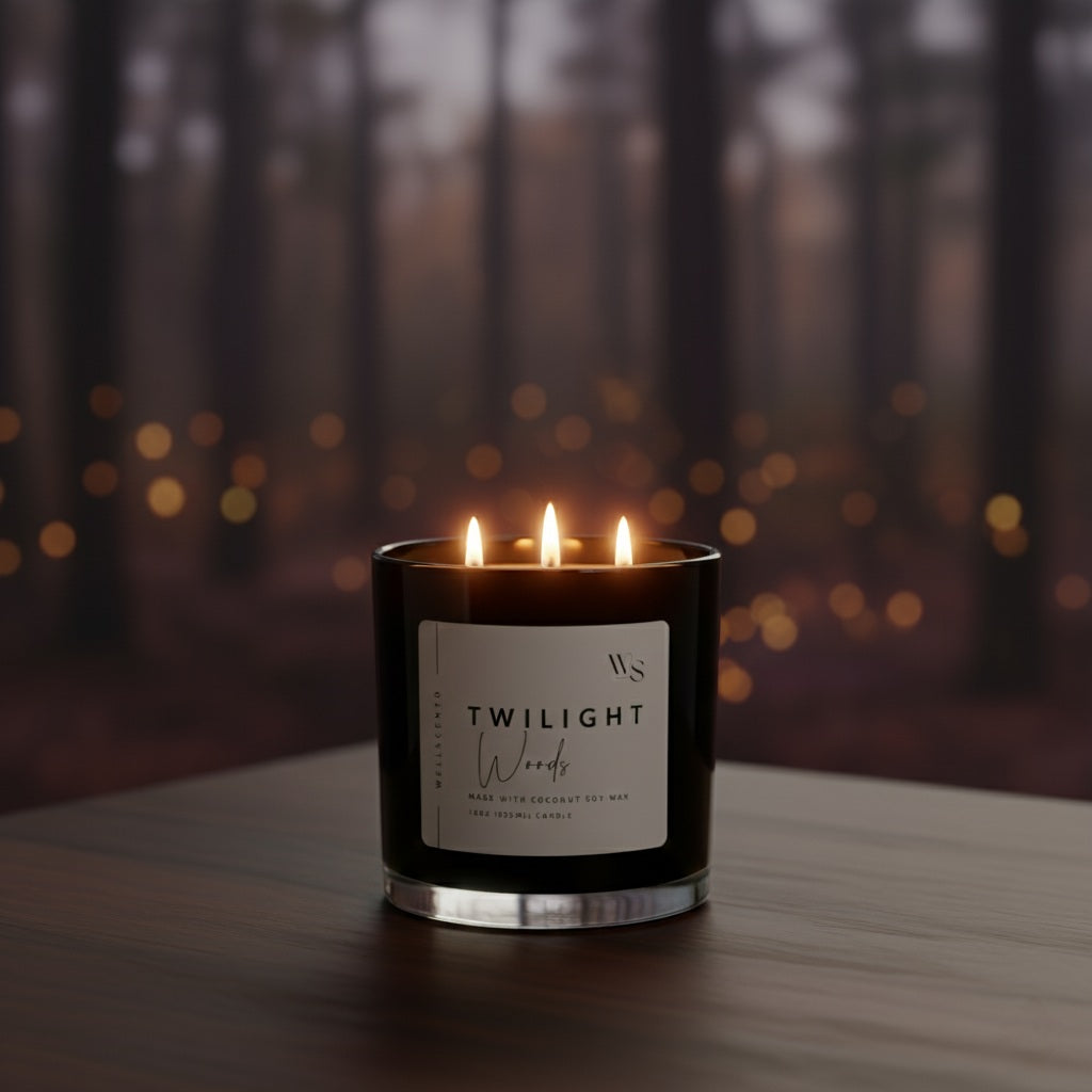 Lit candle in a black container labeled 'Twilight Woods' with a blurred forest background