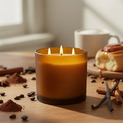Cappuccino Brûlée coffee scented candle with caramel and vanilla notes in amber glass jar
