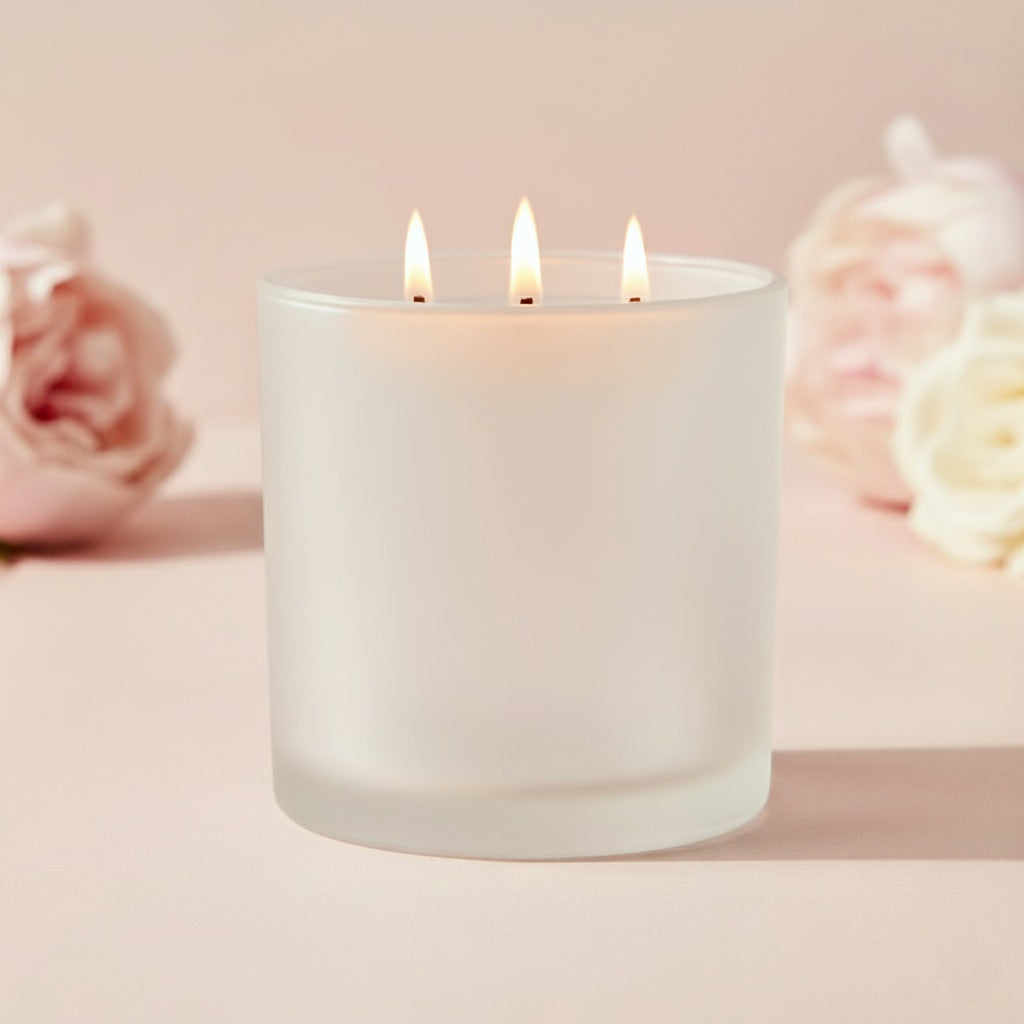 Frosted glass candle with three wicks on a pink background with roses.