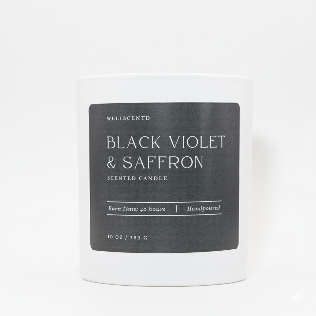 Wellscentd black violet & saffron scented candle on a white background