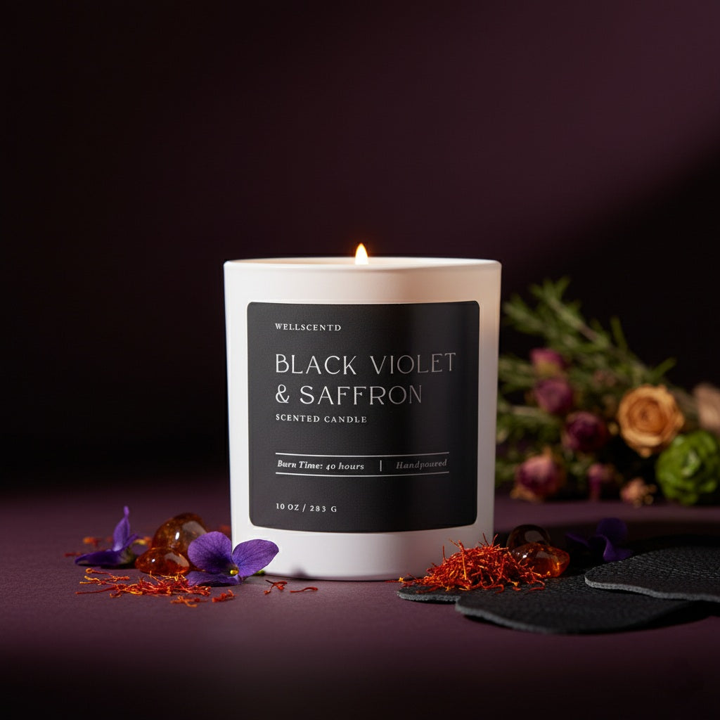 Scented candle labeled 'Black Violet & Saffron' with decorative elements on a dark background