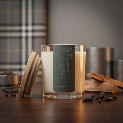 Candle with a label on a wooden surface, surrounded by cinnamon sticks and spices.