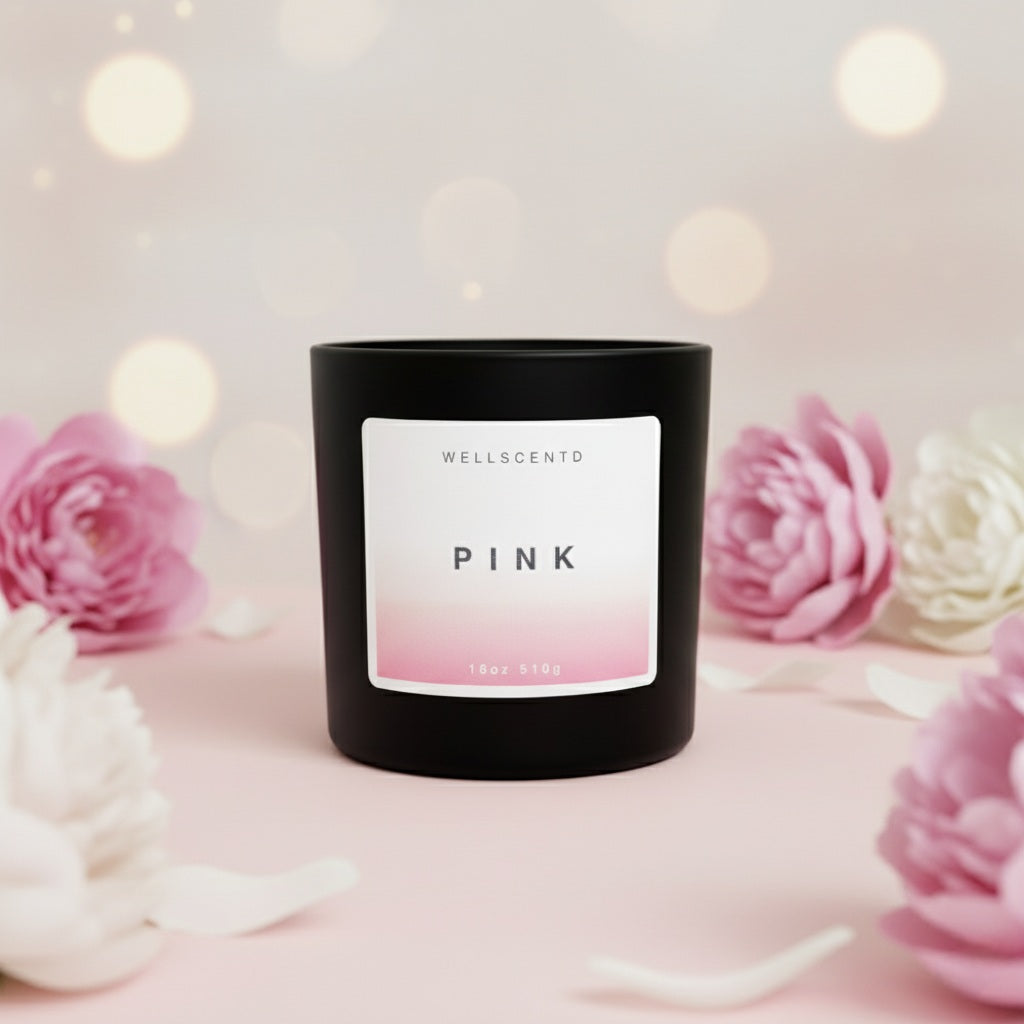 Black candle labeled 'Pink' with pink flowers in the background