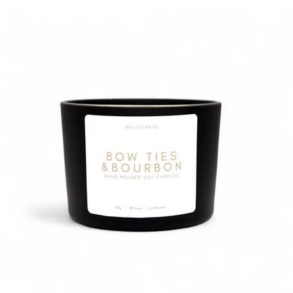 Wellscentd Bow Ties & Bourbon scented candle – 18oz soy wax blend, clean masculine scent, black glass vessel with white label, product image on white background.