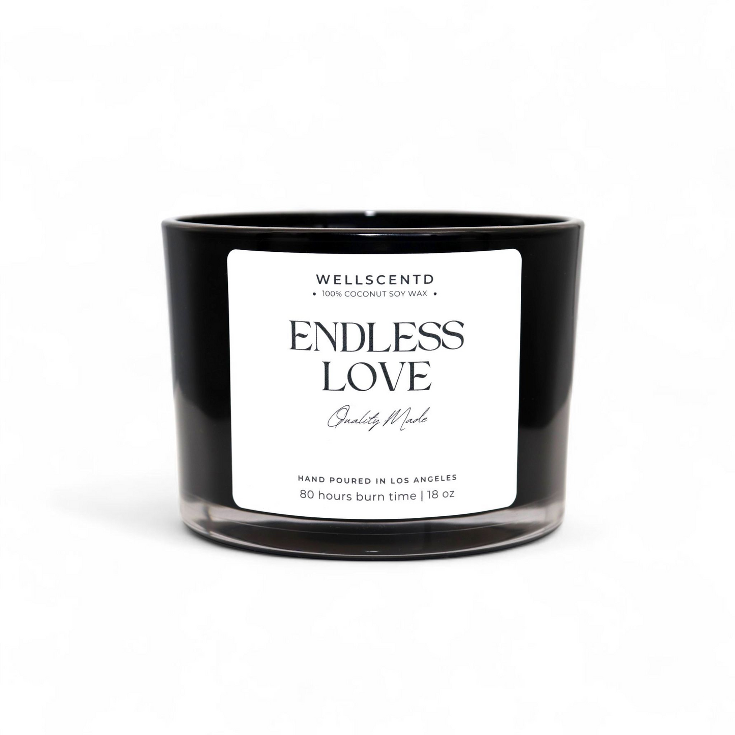 Wellscentd Endless Love scented candle – 18oz coconut soy wax blend, romantic fruity-floral fragrance, modern black jar, photographed on white background.