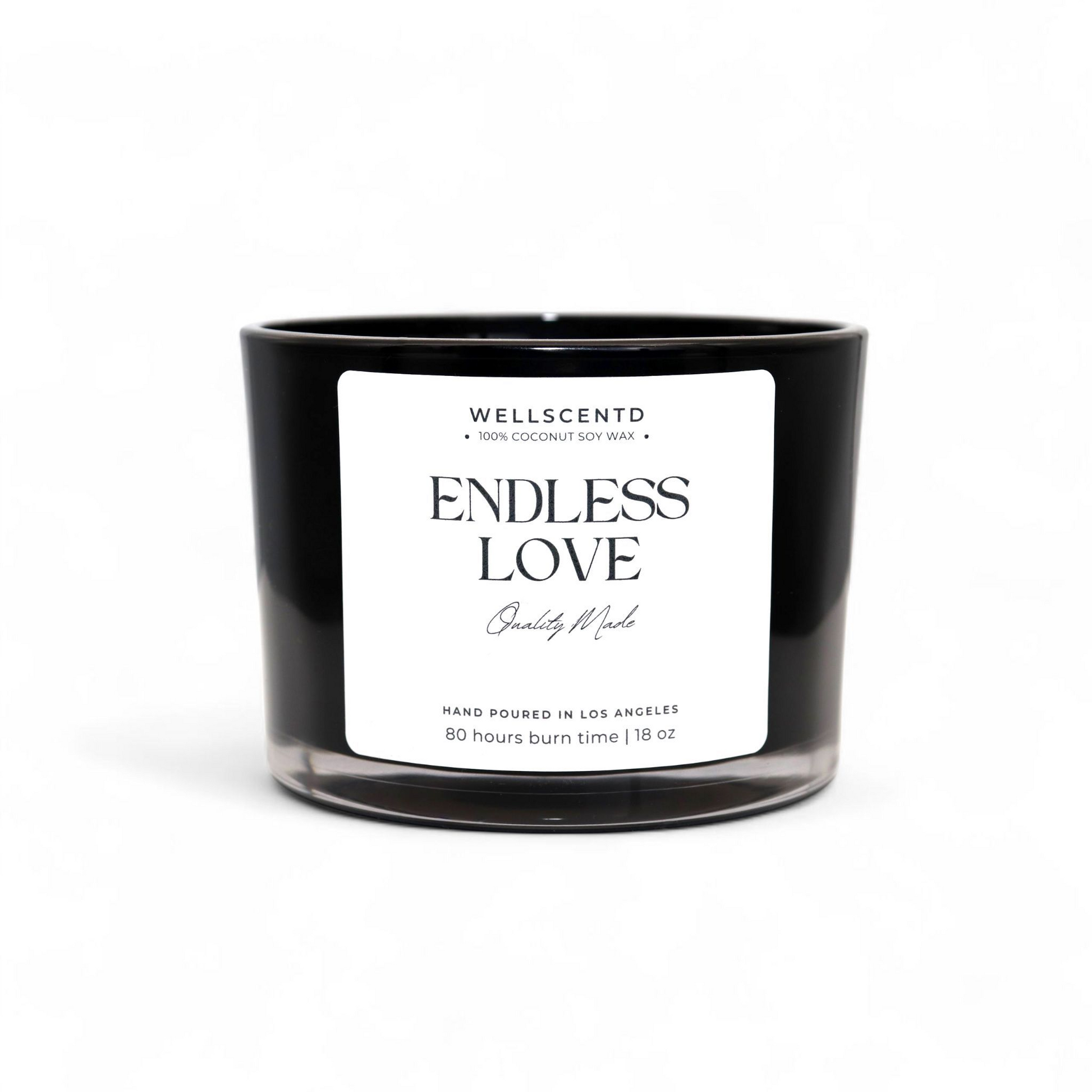 Wellscentd Endless Love scented candle – 18oz coconut soy wax blend, romantic fruity-floral fragrance, modern black jar, photographed on white background.