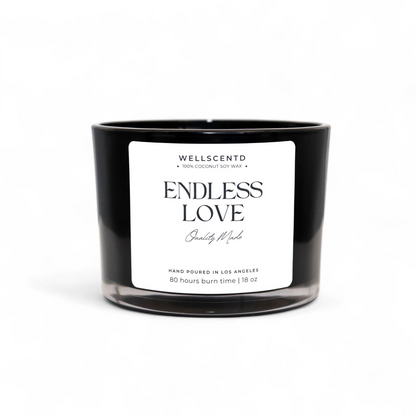 Wellscentd Endless Love scented candle – 18oz coconut soy wax blend, romantic fruity-floral fragrance, modern black jar, photographed on white background.