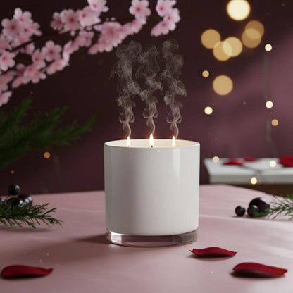 three-wick white Love Spell Candle with smoke, surrounded by rose petals and cherry blossoms for a romantic ambiance