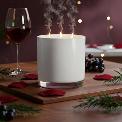 Three-wick white candle on wooden board with rose petals and glass of red wine, representing Wine & Roses candle scent