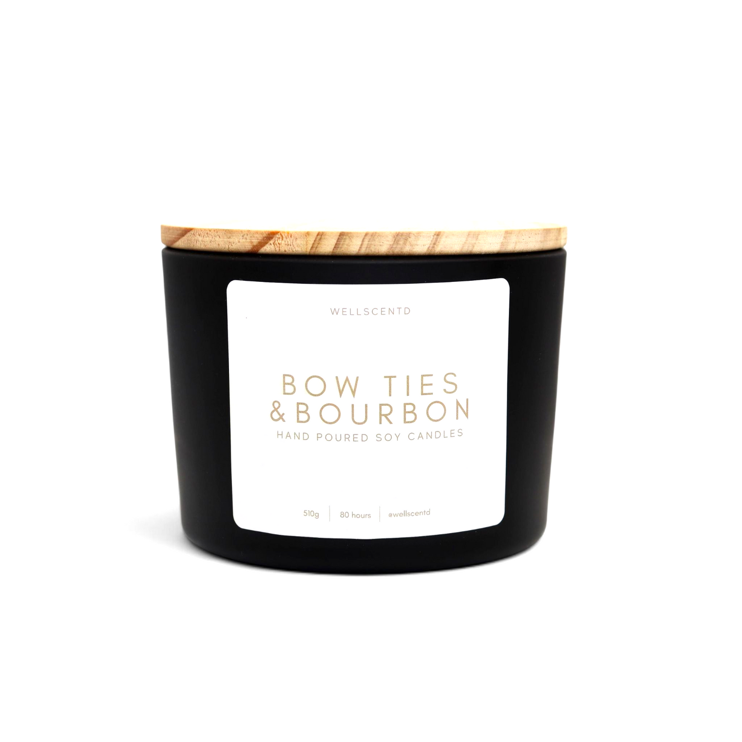 Wellscentd Bow Ties & Bourbon candle with natural wood lid – 18oz soy wax, masculine lemon and cedarwood fragrance, luxury black matte jar on white background.