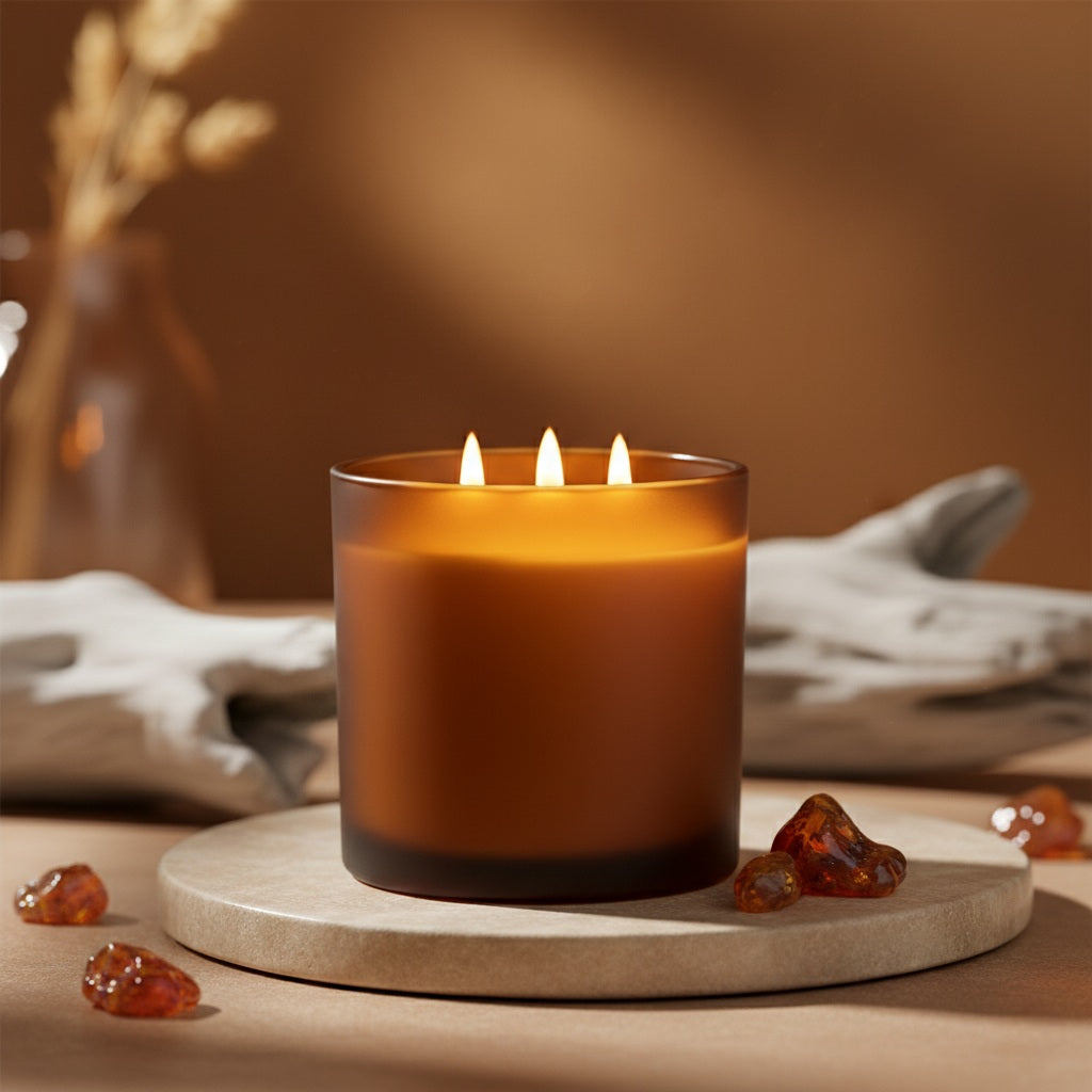 Candle with three flames on a stone surface with amber-colored stones and a blurred background