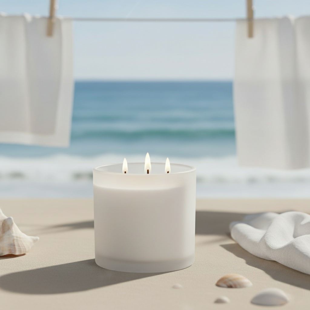 White candle with three flames on a sandy surface with ocean view