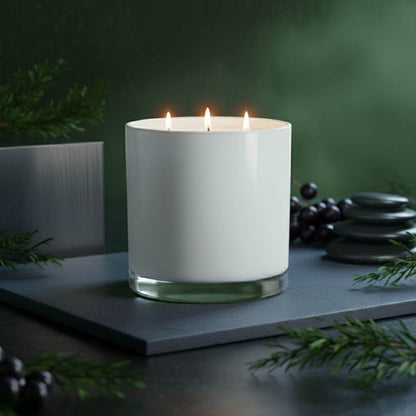 Three-wick Black Cypress & Cassis scented candle in white glass container on dark surface with greenery and black stones.
