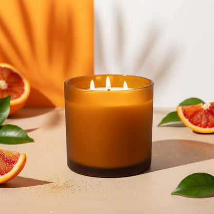 amber candle with blood oranges and leaves on a neutral background
