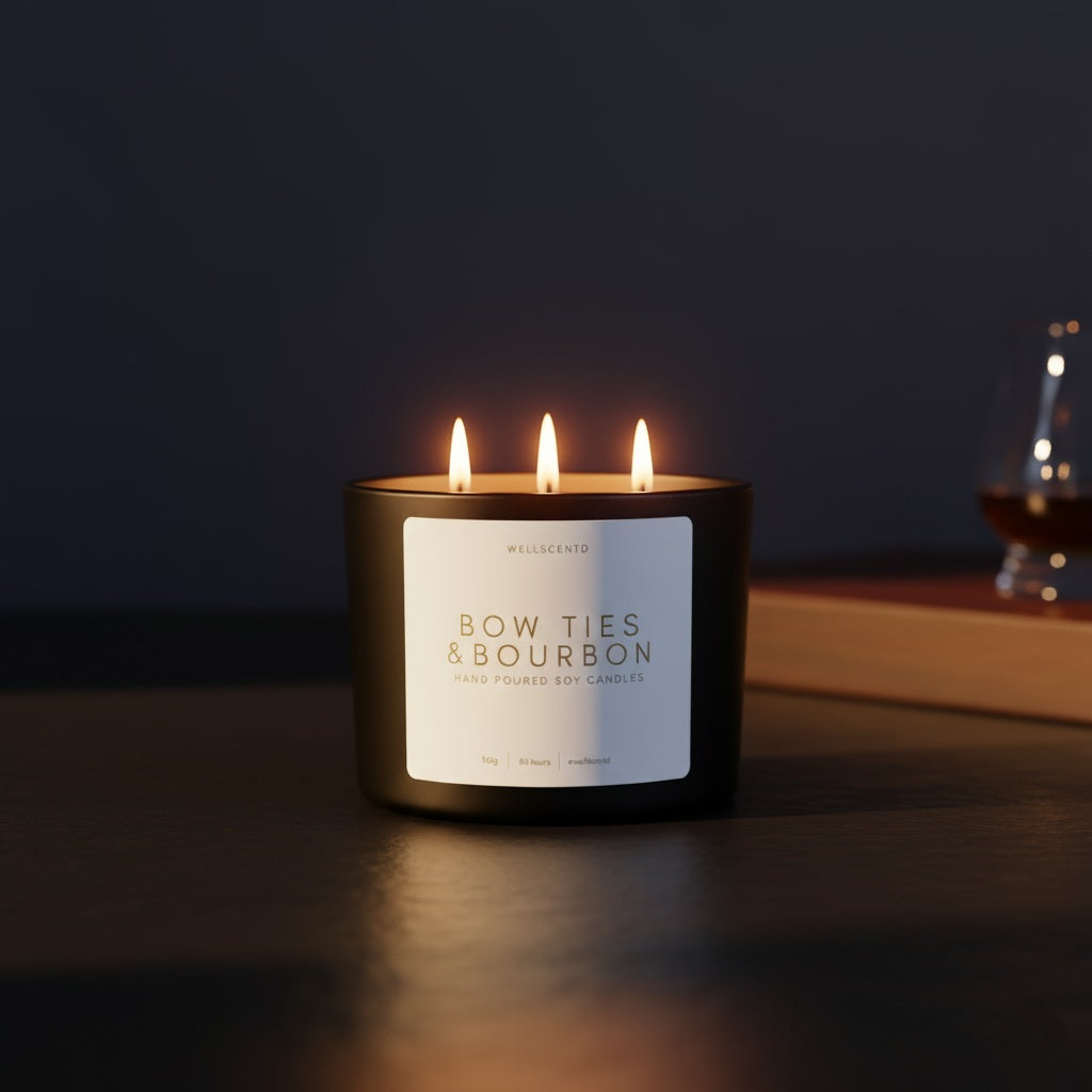 Candle with 'Bow Ties & Bourbon' label on a dark background