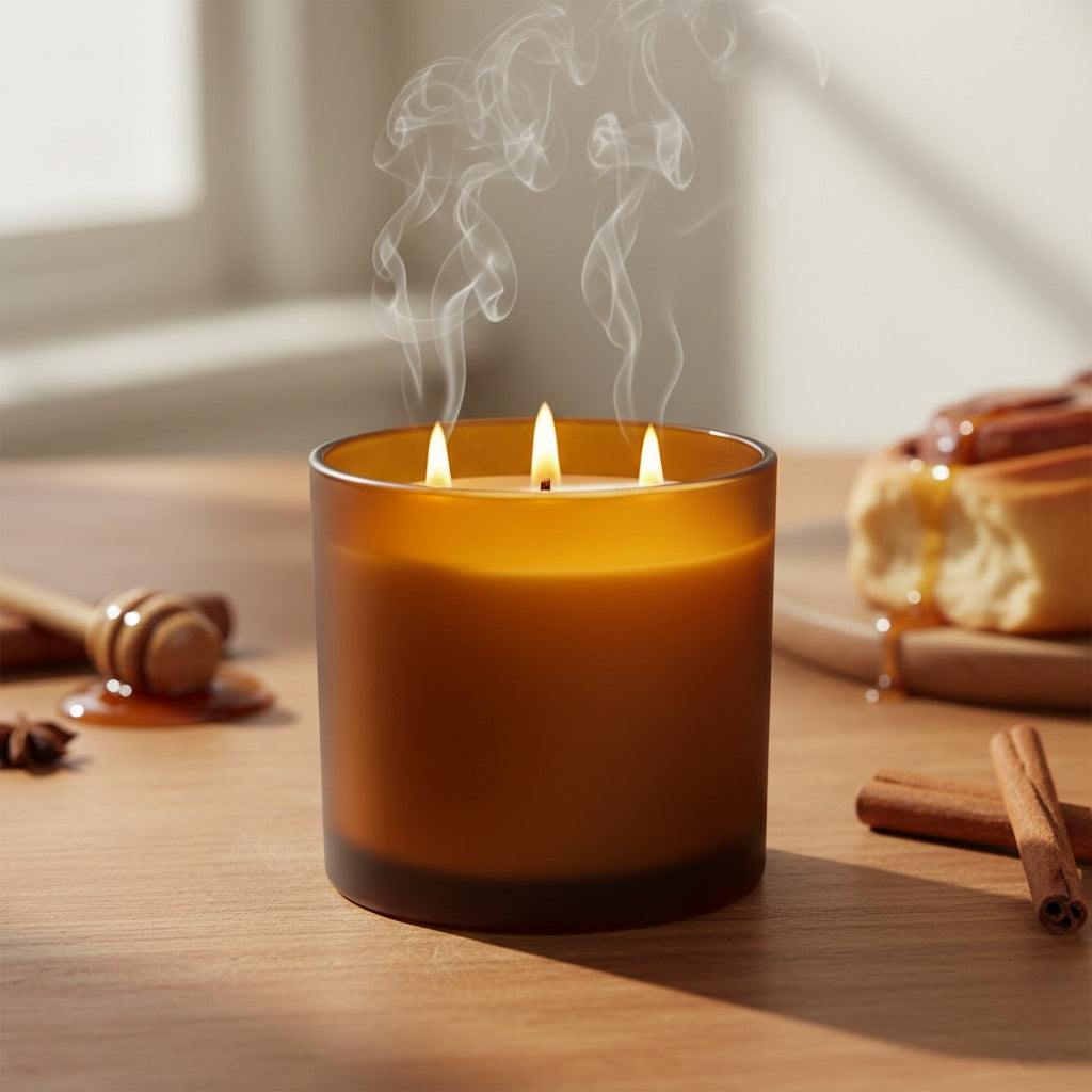 Burning cinnamon buns candle in amber jar with cinnamon sticks and honey dipper on wooden table