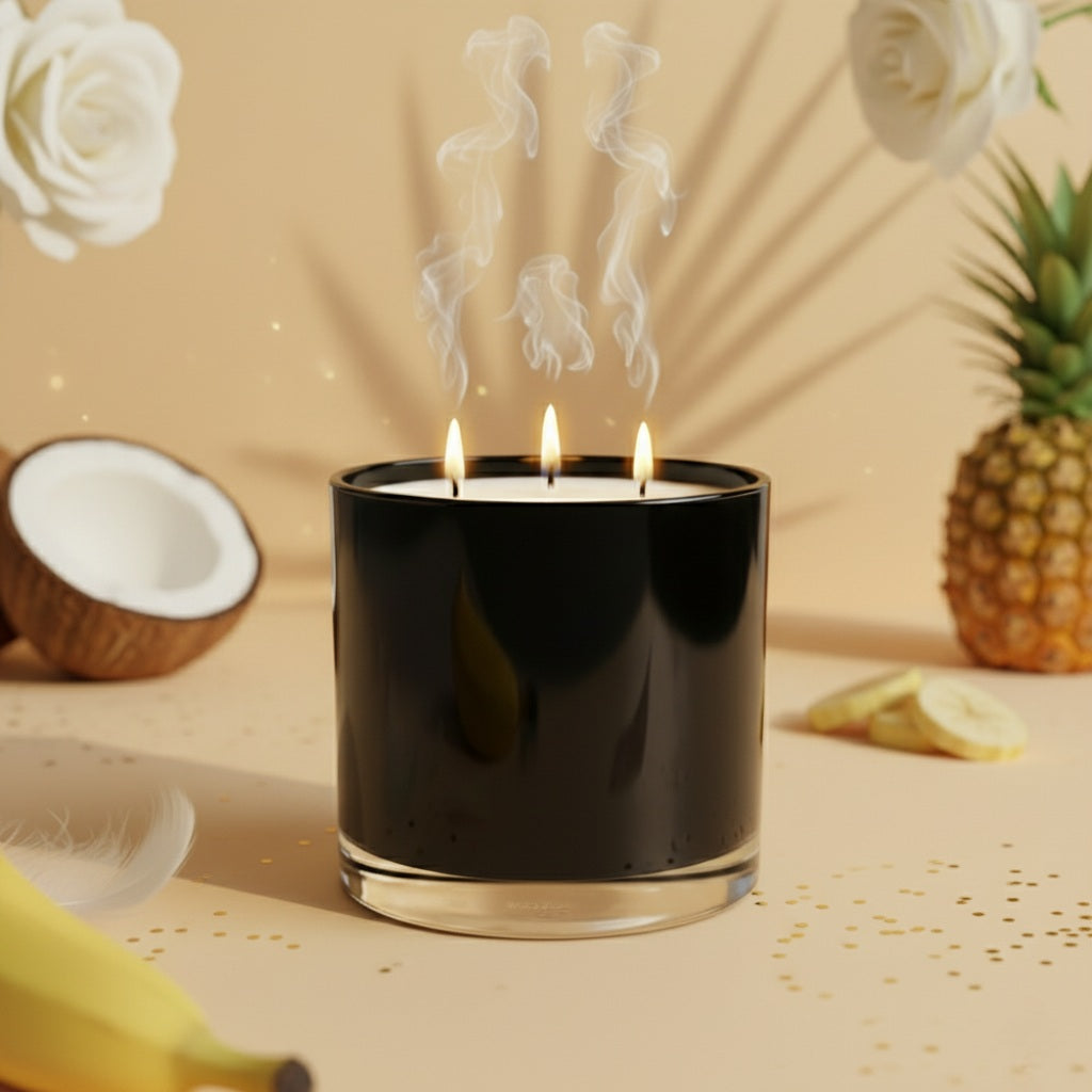Black candle with two flames on a beige background with coconut, pineapple, and banana.