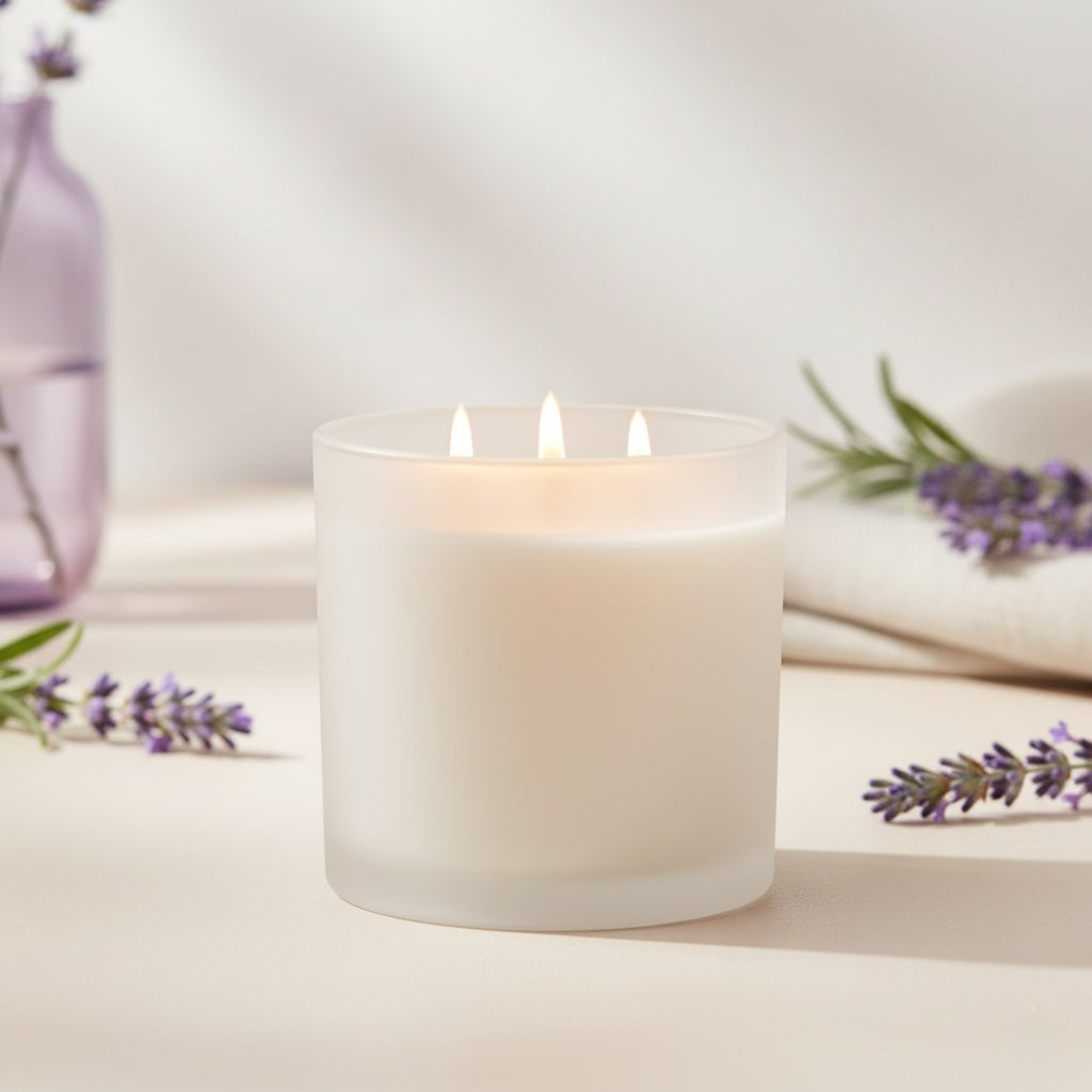White candle with lavender flowers on a light background