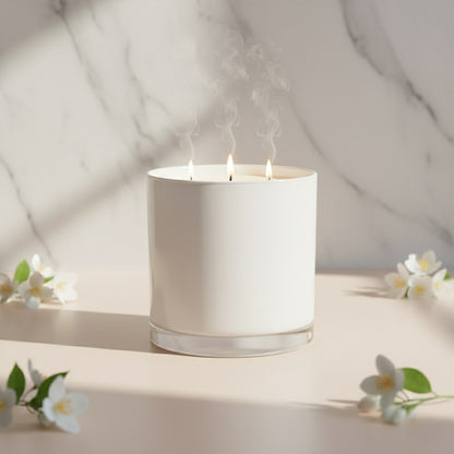 White glass Wellscentd Neroli & White Jasmine Candle glowing softly with scattered jasmine blooms and warm light.