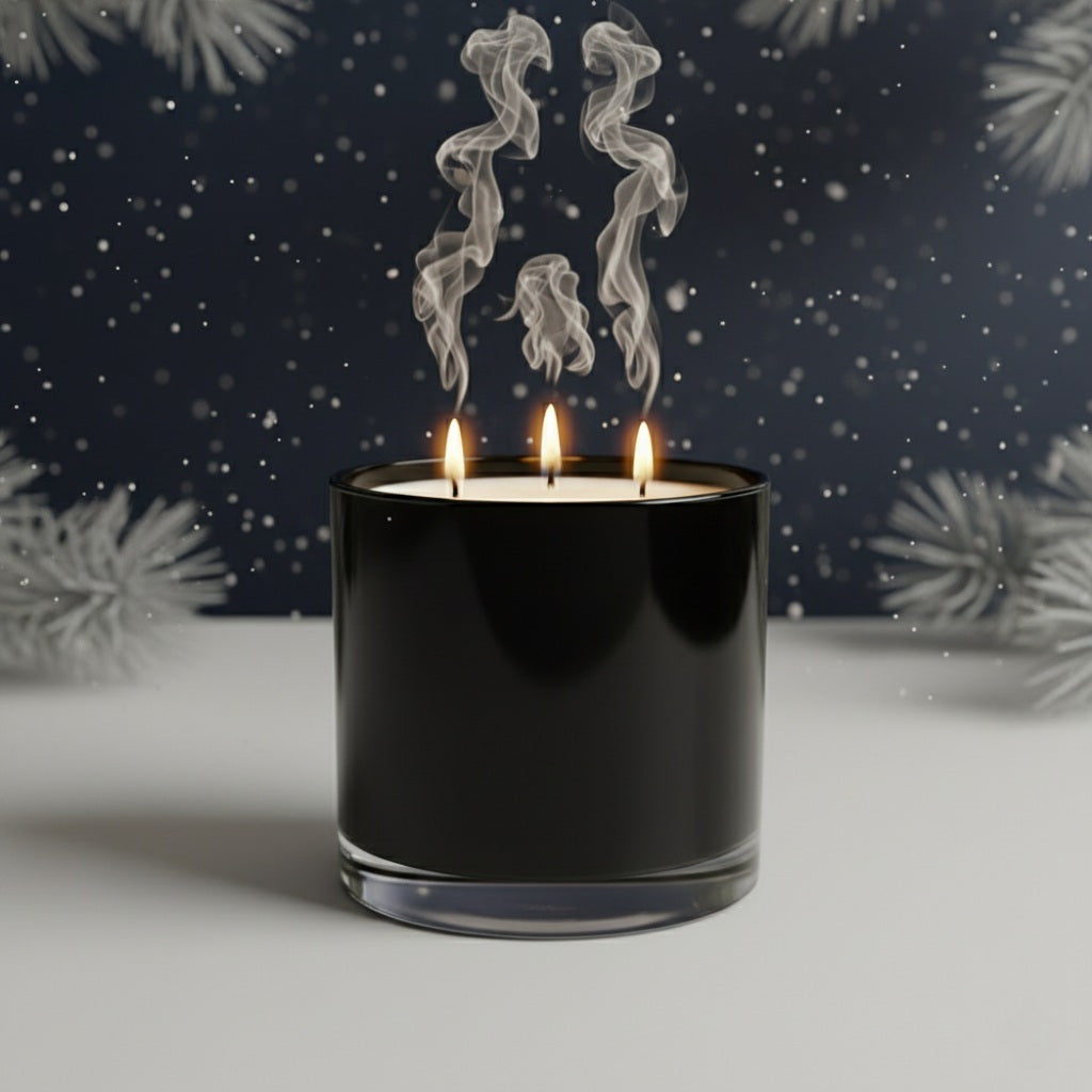 Black candle with three flames against a snowy background