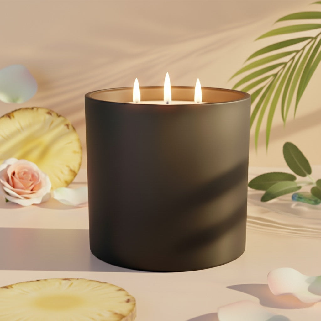 Black candle with three wicks on a decorative surface with flowers and leaves.