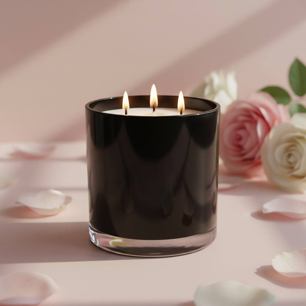Black rose petals candle with three flames on a pink surface with flowers