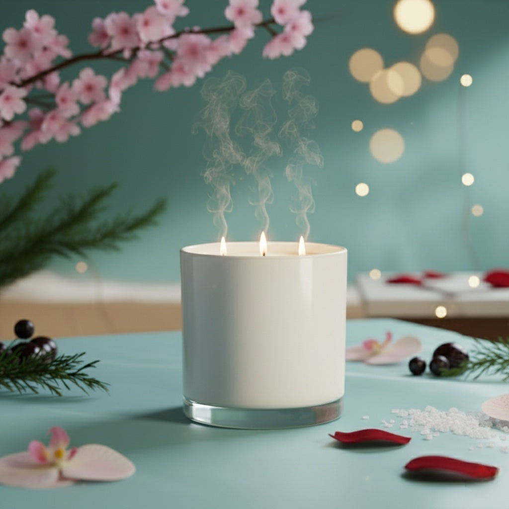 18oz White candle with smoke on a table with cherry blossoms and decorative elements.