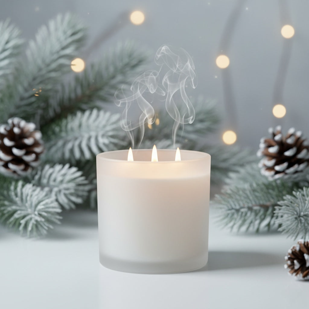 Candle with smoke surrounded by pine branches and pinecones on a light background
