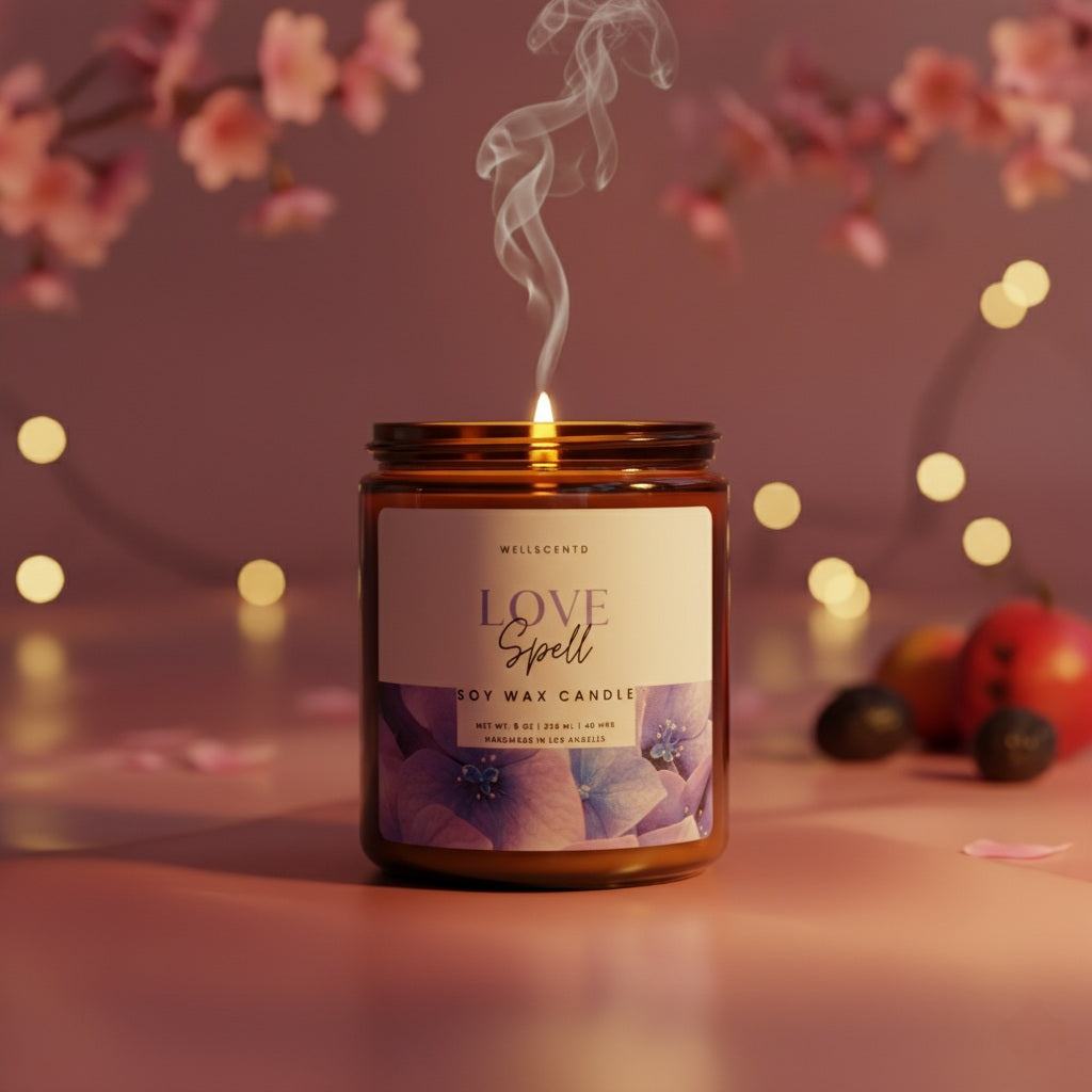 Lit amber jar Love Spell Candle with soft glowing flame and floral background