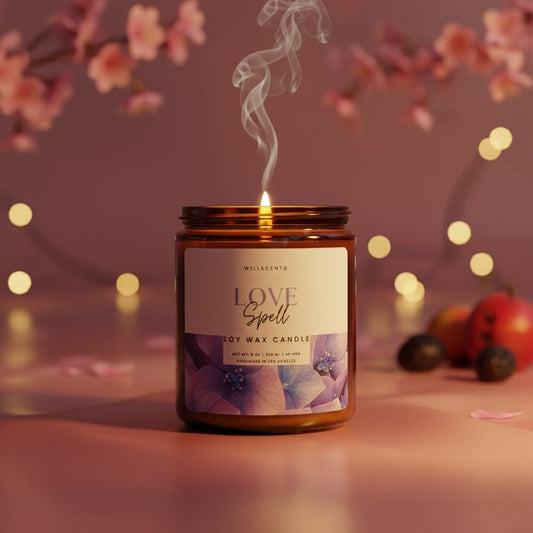 Lit amber jar Love Spell Candle with soft glowing flame and floral background