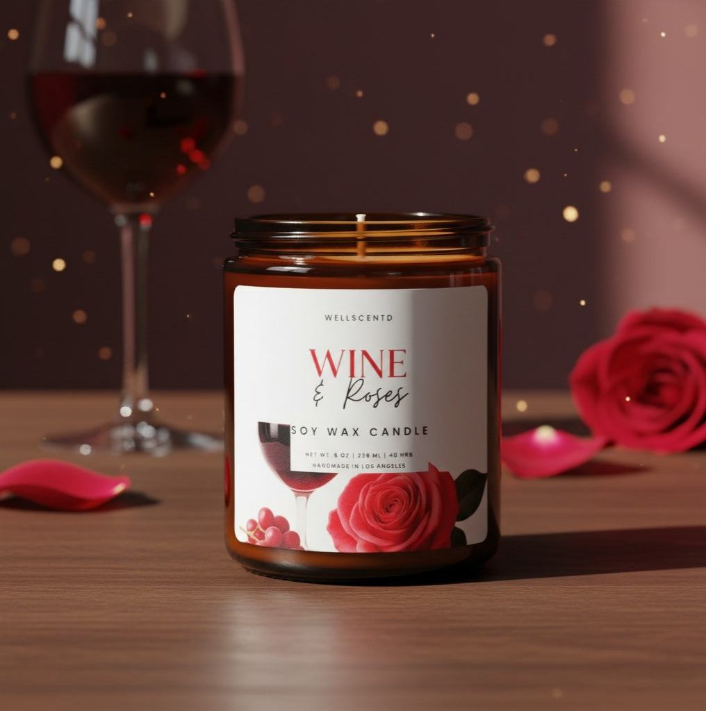 Wellscentd Wine & Roses candle with red wine and Damask rose scent in amber jar with rose and wine glass background