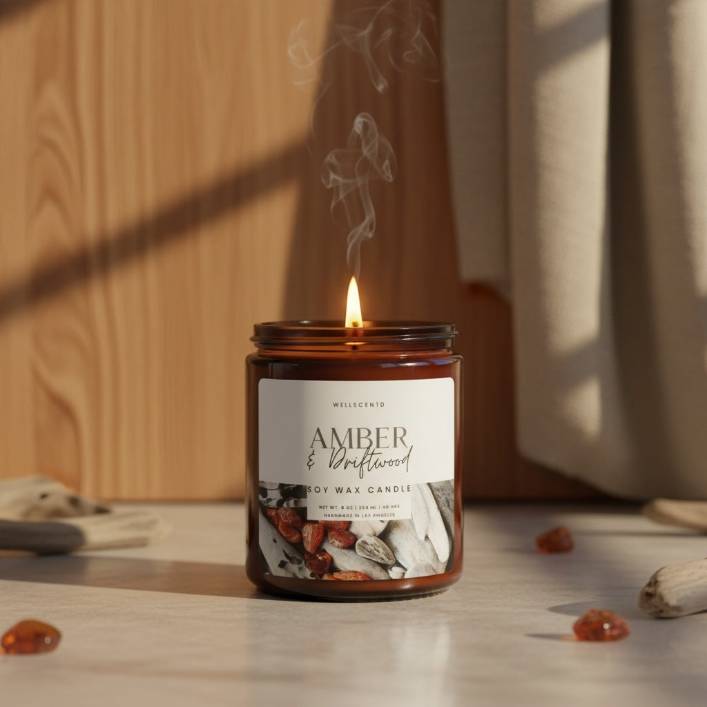 Candle labeled 'Amber & Driftwood' on a wooden surface with a blurred background