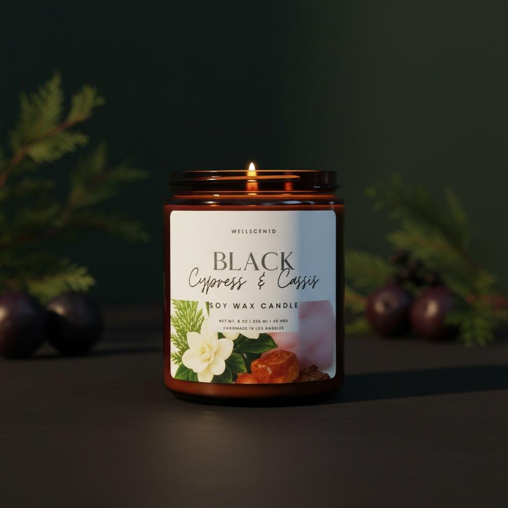 Black Cypress & Cassis soy wax candle with natural coconut-soy wax blend and warm woody-fruity aroma