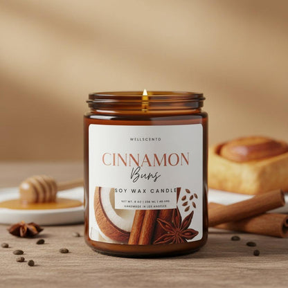 Cinnamon Buns Candle by Wellscentd with warm cinnamon, maple syrup, and Tonka bean scent in a soy wax jar