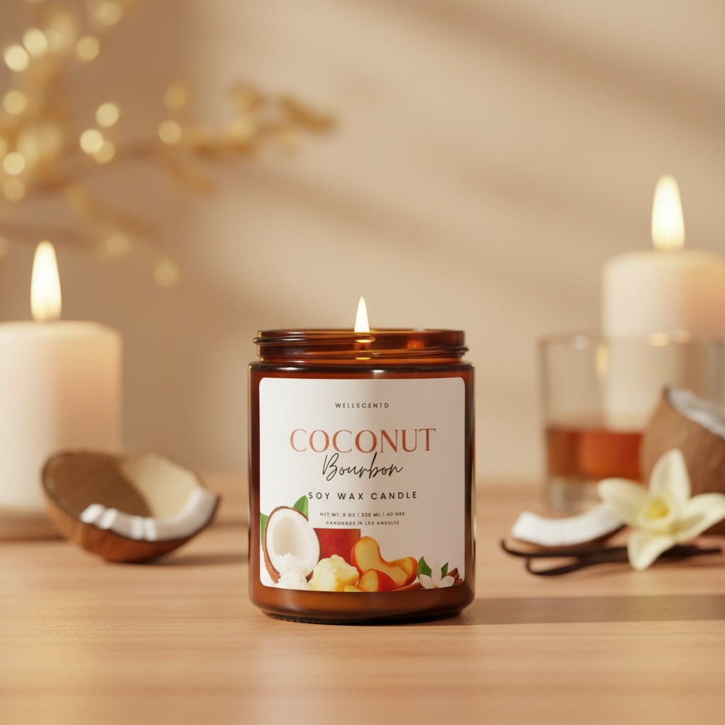 Coconut Bourbon candle with decorative elements on a wooden surface