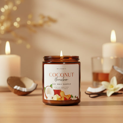 Coconut Bourbon candle with decorative elements on a wooden surface