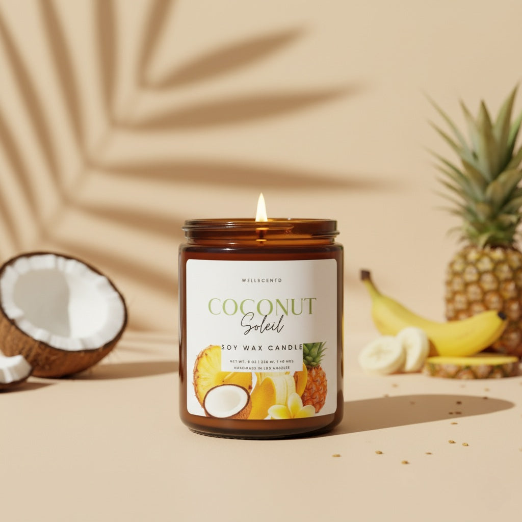 Coconut Soleil candle with a pineapple and banana in the background on a beige surface