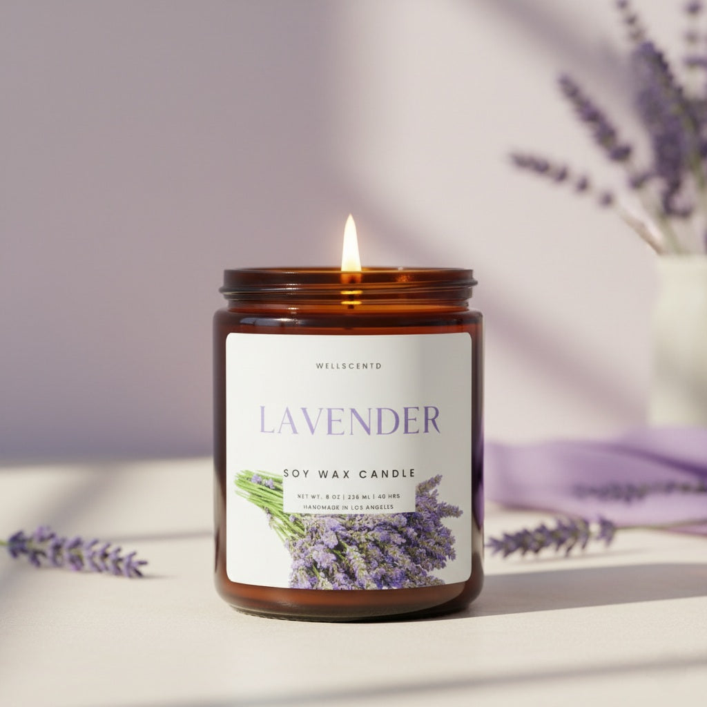 Lavender soy wax candle in an amber jar with a label, surrounded by lavender flowers on a light background.