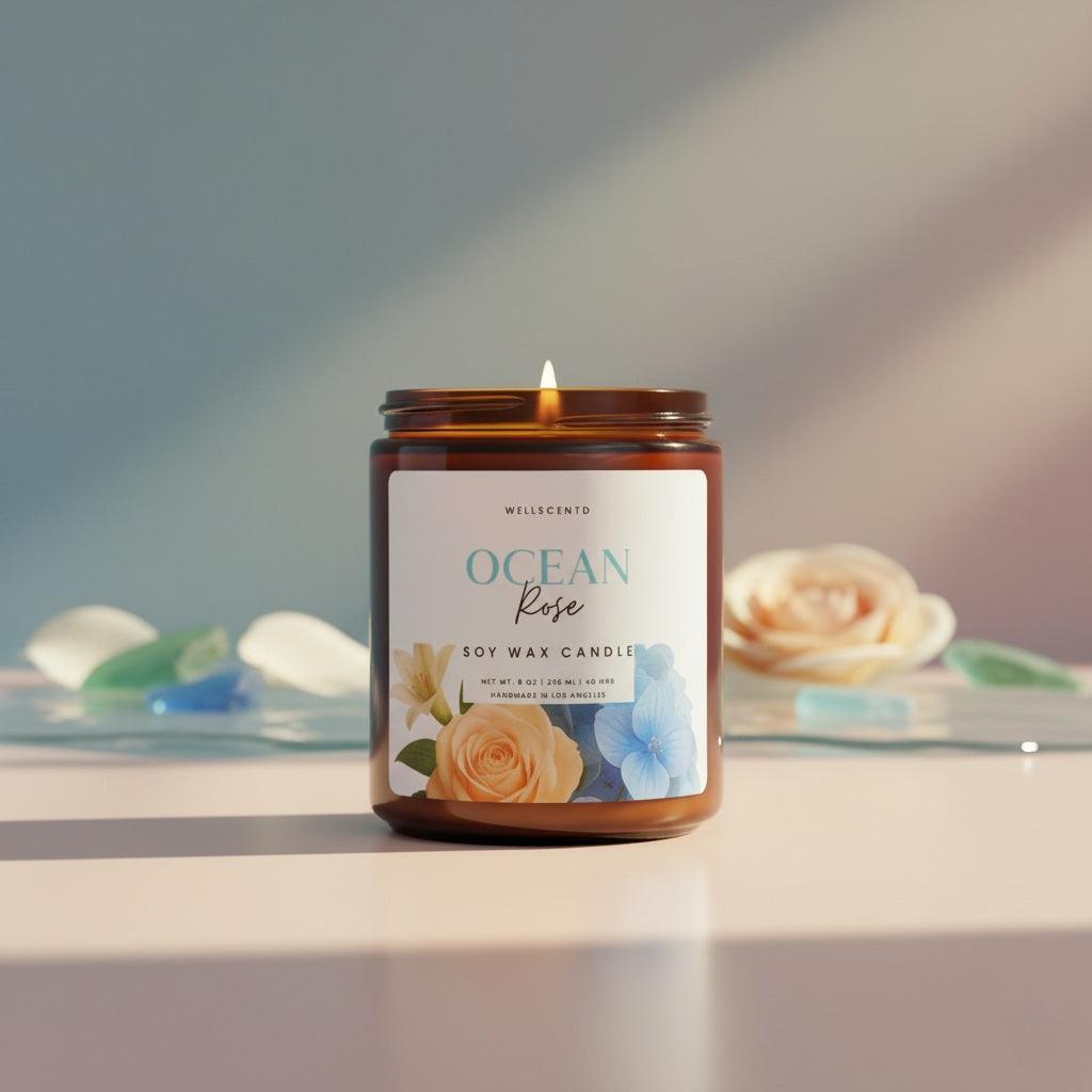 8oz Wellscentd Ocean Rose Candle in an amber jar, styled on a table with coastal decor.