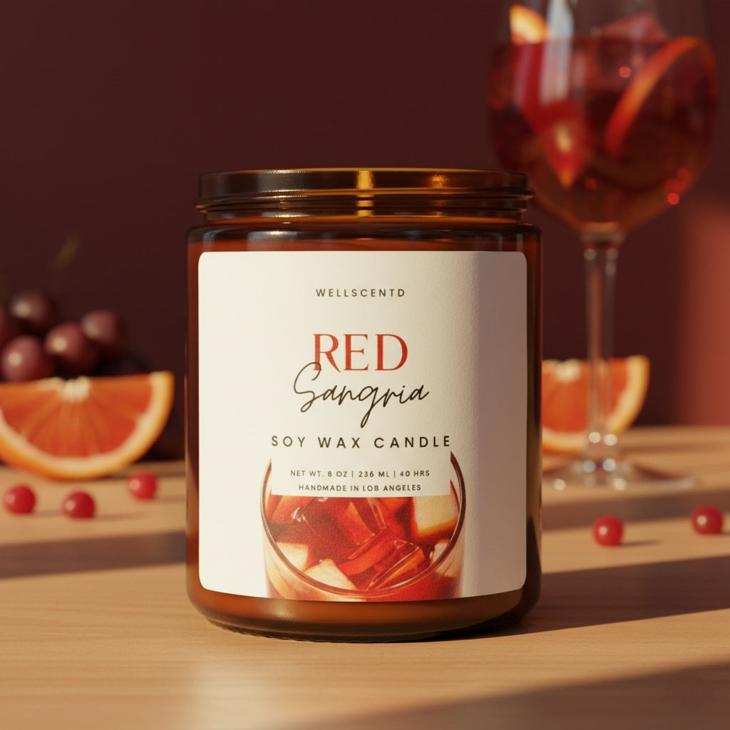 Wellscentd Red Sangria soy wax candle with a glass of sangria and fruit on a wooden surface.