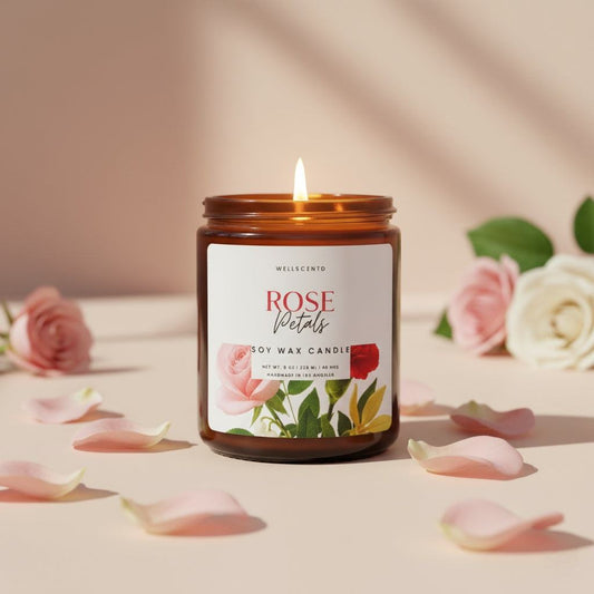 Rose Petals soy wax candle with a label on a light background with flowers and petals.