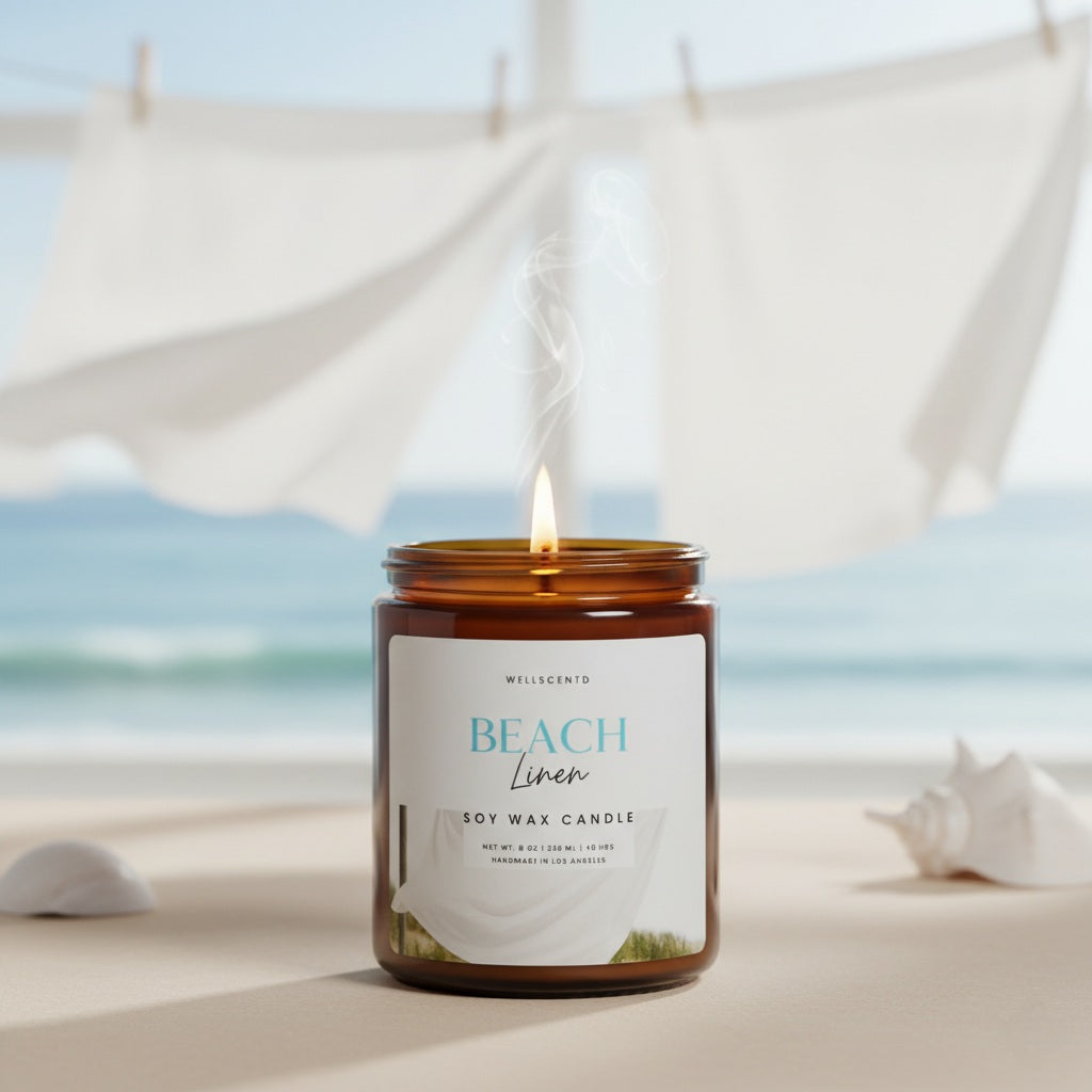 Candle labeled 'Beach Linen' on a sandy beach with ocean view