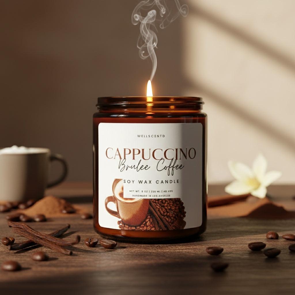 Wellscentd Cappuccino Brûlée Coffee scented soy wax candle with caramel and vanilla notes in brown jar