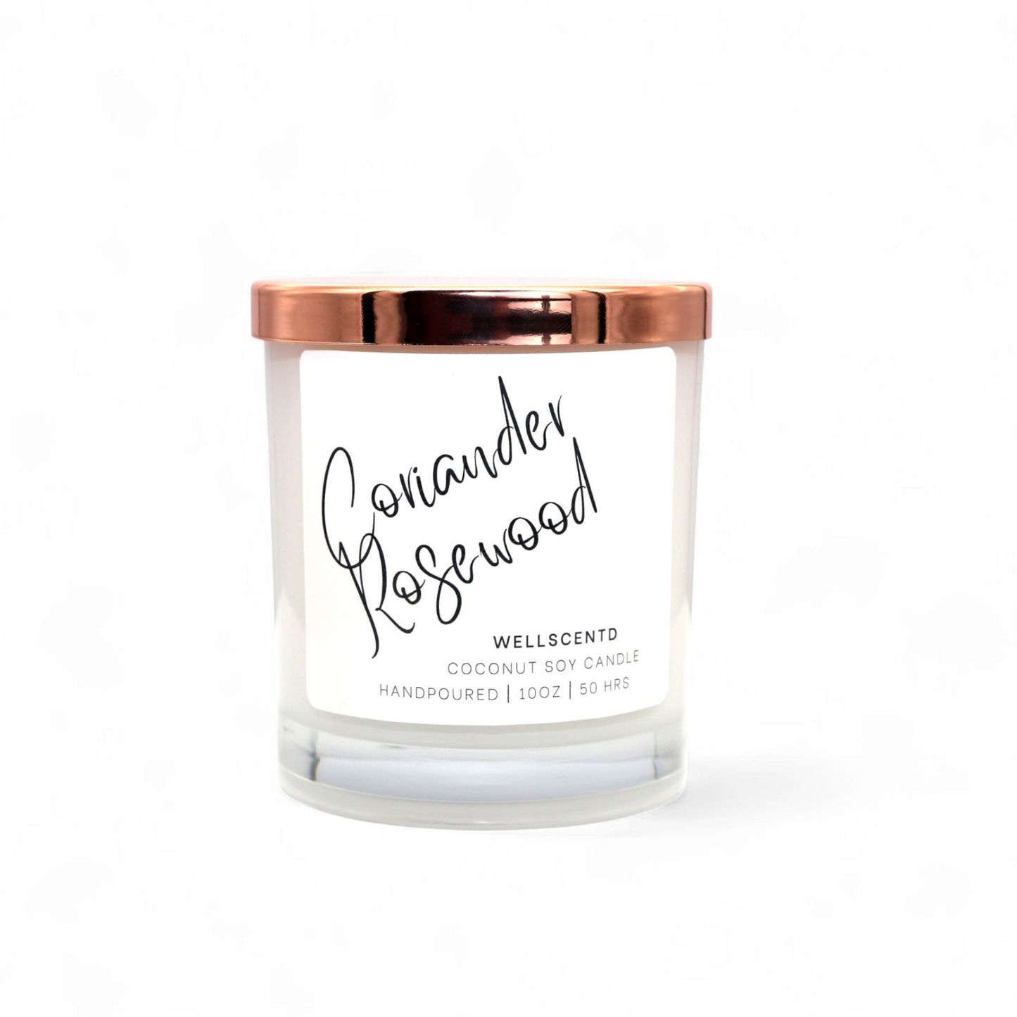 Wellscentd Coriander Rosewood candle in white glass jar – 10oz coconut soy wax, fresh citrus and warm woodsy fragrance, minimalist label, product photo on white background.