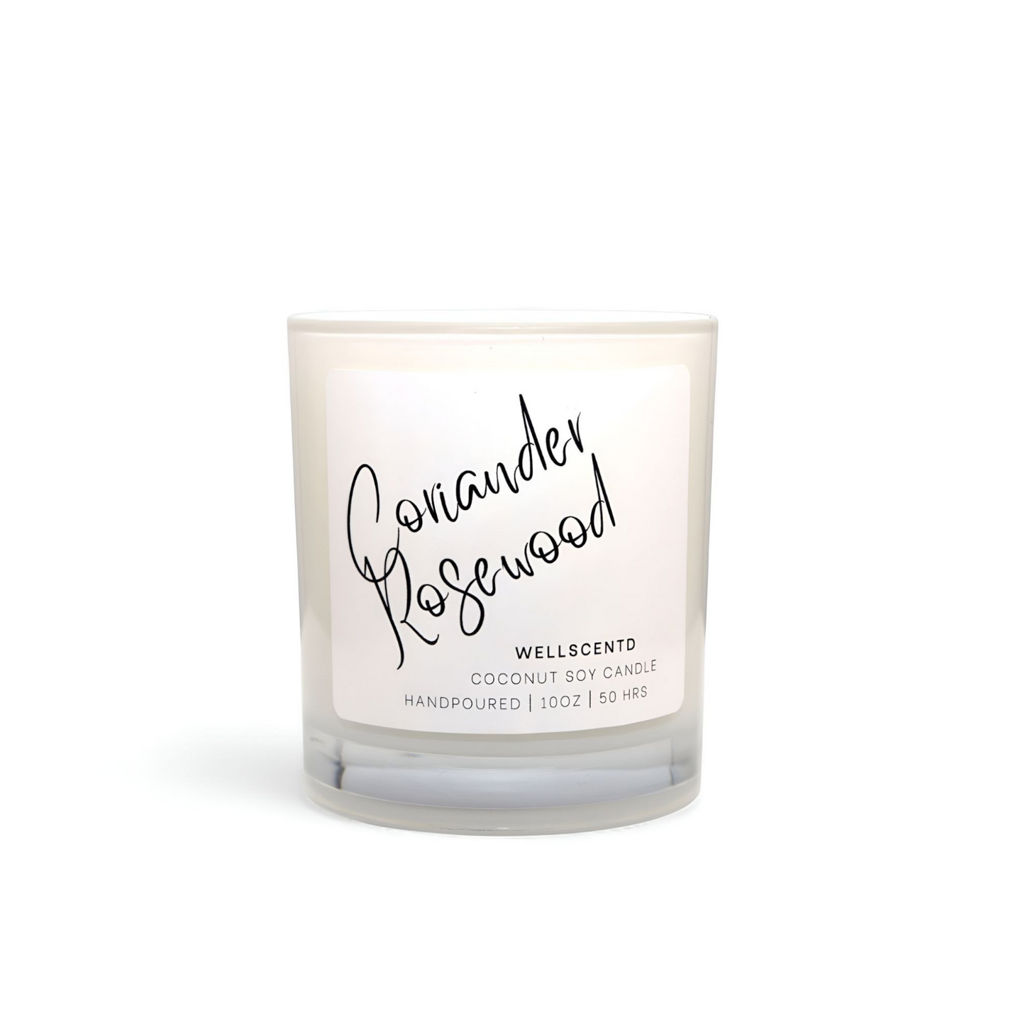 Wellscentd Coriander Rosewood candle with rose gold lid – 10oz coconut soy candle, citrus and coriander scent, elegant white vessel, photographed on white background.