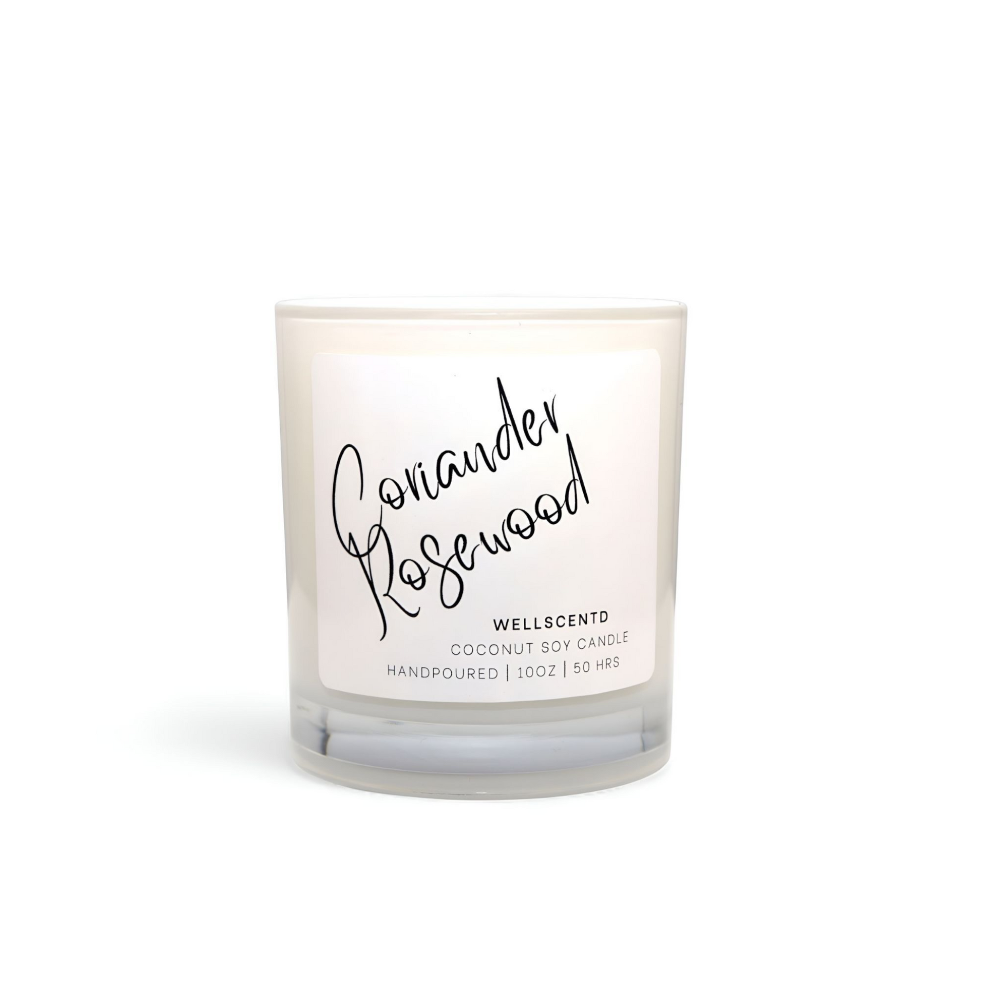 Wellscentd Coriander Rosewood candle with rose gold lid – 10oz coconut soy candle, citrus and coriander scent, elegant white vessel, photographed on white background.