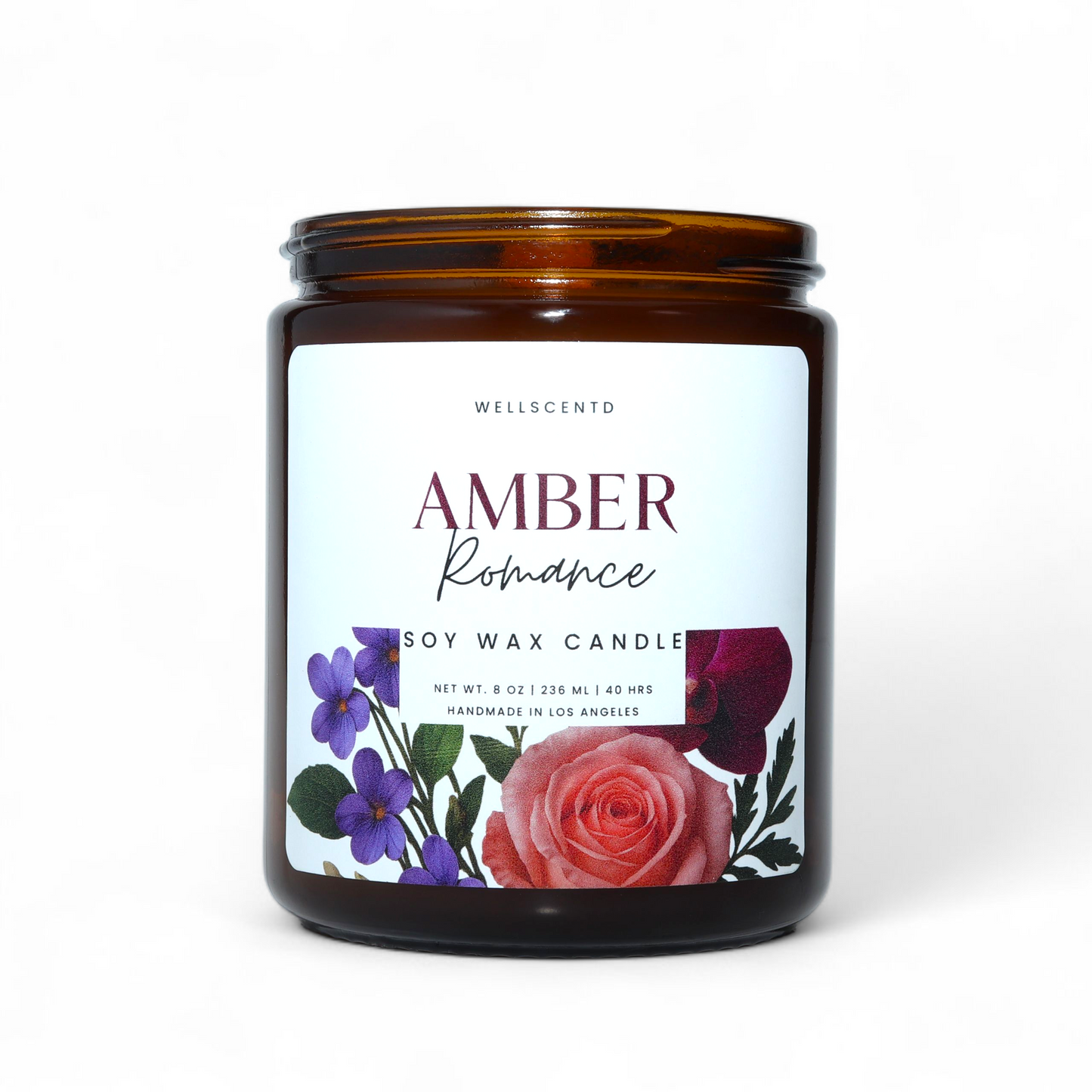Amber Romance soy wax candle with floral design on label